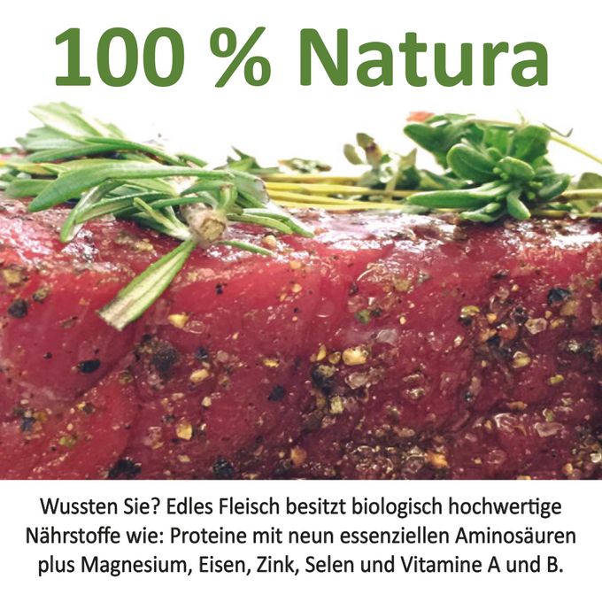Natursteiger empfiehlt > 100 % NATURA ist Klugheit und Stärke. Fleisch Motiv kommt in die Einkaufstüte und verbessert die Qualitäten, auch die, im Kühlschrank der Verbraucher !
